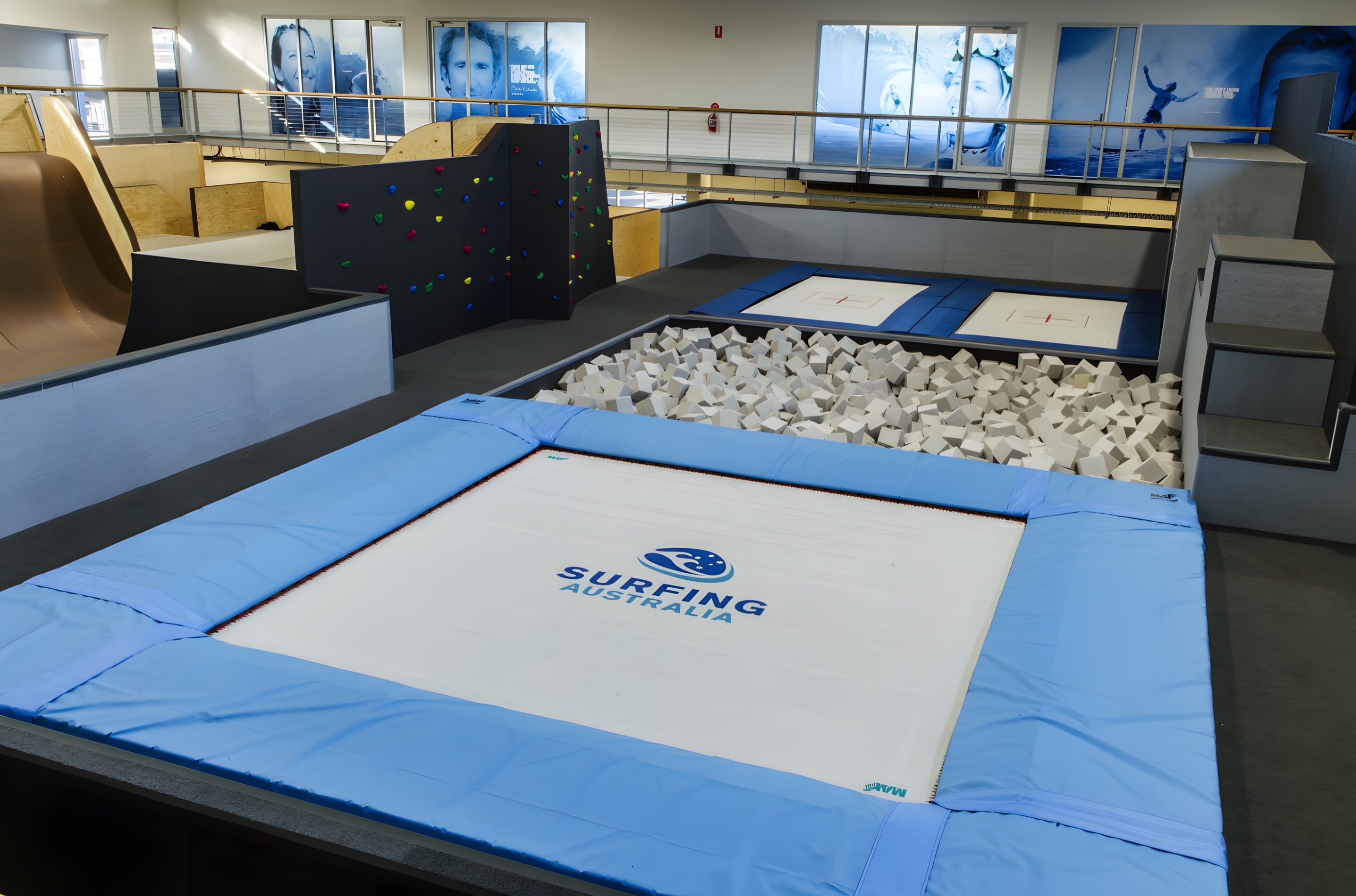 A MaxAir super trampoline beside a foam pit at the Surfing Australia High Performance Centre